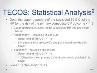 TECOS: Statistical Analysis9
• Goal: the upper boundary of the two-sided 95% CI of the
HR for the risk of the primary composite CV outcome < 1.3
o Cox proportional-hazards model to calculate HR and two-sided
95% CI
o Noninferiority – assuming HR of 1.00
• Upper limit of (95% CI) < 1.3
• 611 patients with primary CV end point would provide 90%
power
o Superiority – assuming HR of 0.85
• Upper limit of (95% CI) < 1.0
• 1,300 patients with primary CV end point would provide 81%
power
• 2-year Kaplan-Meier rates
58
 