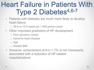 Heart Failure in Patients With
Type 2 Diabetes4,6-7
• Patients with diabetes are much more likely to develop
heart failure
o 30.9 vs.12.4 cases per 1,000 person-years
• Other important predictors of HF development
o Poor glycemic control
o Ischemic heart disease
o Age
o Greater BMI
• However, achievement of A1c < 7% is not necessarily
associated with a reduction of HF-related
hospitalizations
6
 