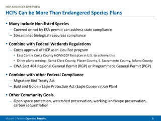 5
HCPs Can be More Than Endangered Species Plans
 Many include Non-listed Species
– Covered or not by ESA permit; can address state compliance
– Streamlines biological resources compliance
 Combine with Federal Wetlands Regulations
– Corps approval of HCP as In-Lieu Fee program
• East Contra Costa County HCP/NCCP first plan in U.S. to achieve this
• Other plans seeking: Santa Clara County, Placer County, S. Sacramento County, Solano County
– CWA Sect 404 Regional General Permit (RGP) or Programmatic General Permit (PGP)
 Combine with other Federal Compliance
– Migratory Bird Treaty Act
– Bald and Golden Eagle Protection Act (Eagle Conservation Plan)
 Other Community Goals
– Open space protection, watershed preservation, working landscape preservation,
carbon sequestration
HCP AND NCCP OVERVIEW
 