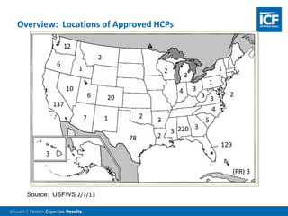 Overview: Locations of Approved HCPs
Source: USFWS 2/7/13
144
203
82
46
15
131
8
10
2
11
14
1
3
4
5
3
3
1
2
2
1 1
(PR) 2
2
1
1
1
1
137
78
220
37
20
129
10
6
1
6
12
2
3
4
5
3
3
2
2
4
(PR) 3
3
3
2
3
3
1
1
1
2
 