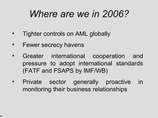 12
Where are we in 2006?
• Tighter controls on AML globally
• Fewer secrecy havens
• Greater international cooperation and
pressure to adopt international standards
(FATF and FSAPS by IMF/WB)
• Private sector generally proactive in
monitoring their business relationships
 