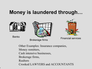 7
Money is laundered through…
Banks
Financial services
Brokerage firms
Other Examples: Insurance companies,
Money remitters,
Cash intensive businesses,
Brokerage firms,
Realtors
Crooked LAWYERS and ACCOUNTANTS
 