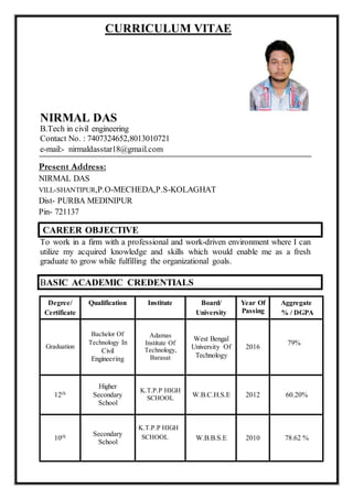 CURRICULUM VITAE
NIRMAL DAS
B.Tech in civil engineering
Contact No. : 7407324652,8013010721
e-mail:- nirmaldasstar18@gmail.com
CAREER OBJECTIVE
To work in a firm with a professional and work-driven environment where I can
utilize my acquired knowledge and skills which would enable me as a fresh
graduate to grow while fulfilling the organizational goals.
BASIC ACADEMIC CREDENTIALS
Degree/
Certificate
Qualification Institute Board/
University
Year Of
Passing
Aggregate
% / DGPA
Graduation
Bachelor Of
Technology In
Civil
Engineering
Adamas
Institute Of
Technology,
Barasat
West Bengal
University Of
Technology
2016
79%
12th
Higher
Secondary
School
K.T.P.P HIGH
SCHOOL W.B.C.H.S.E 2012 60.20%
10th Secondary
School
K.T.P.P HIGH
SCHOOL W.B.B.S.E 2010 78.62 %
Present Address:
NIRMAL DAS
VILL-SHANTIPUR,P.O-MECHEDA,P.S-KOLAGHAT
Dist- PURBA MEDINIPUR
Pin- 721137
 
