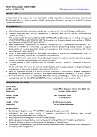 ASHISH RANJAN SINGH (IMS ENGINEER)
Mobile: +91 9990142998 E-Mail: ashishranjan.singh746@gmail.com
JOB OBJECTIVE
Seeking middle level assignments in an organisation of high reputation in telecom,Electronics Automation,IT
Consultancy and Services sector to acquire a suitable position where I can utilize my experience and skills to enhance
company’s profitability.
PROFILE SUMMARY
 B.Tech. (Electronics & Communication) with 2+ years of experience in Telecom , IT Software and Services.
 Previously associated with Centre for Development of Telematics,New Delhi as Telecom Engineer/Network
Engineer till Feb 2014.
 Well versed with SIP Development (Design of SIP NETWORK, Mapping Development and Testing services using
APACHE TOMKAT/jdk 1.6/SIP SERVER ), NGN Administration and Deployment,good understanding of IMS,Fast
path /Switching offload STP/MSTP,Azure,DOT NET.
 Hands-on experience using softwares like UNIX ,SOFTSWICHES,NGEMS 1.11,HADOOP,Microsoft Dynamics CRM.
 Proficient in embedded C and Assembly Language,multi threaded programming ,strong concepts of Voip/SIP
domain,Skilled at handling application design and development and innovating new features, AD related
technologies(ADFS,ADMS,ADRMS)
 Possess in depth understanding of IMS technology, functionalities of different IMS network elements & IMS call
flows, internetworking between IMS and traditional telecom network.
 Exposure in IT domain across various facets of project management, delivery, analysis, consultancy, people
management, testing process/strategies and systems integration.
 Full understanding of VOIP Telephony over SIP networks Extensive , analytical knowledge of Microsoft
Excel,SAP.
 Private and Public IP’S hands on Network troubleshooting techniques:pinging,trace routing,telneting,good
understanding of systems/server software development,IP Sec,PKI.
 Hands on experience on linux os & shell scripting,file commands or miscellaneous, Working knowledge of
Hadoop,Big Data,MapReduce,HDFS,PIG,HIVES,Working on CDH,Sqoop,Oozie,Zookeeper,PLC,SCADA,DCS,HMI etc.
 Worked in different phases of INTELLIGENT NETWORK, Testing methodologies – White Box and Black Box
testing,testing tools like IXIA,NET-HAWK,SPECTRA etc, Good oral and written communication skills.
ORGANIZATIONAL EXPERIENCE
Growth Path:
Sep’11 – May’12 Indocon Micro Engineers Limited ,New Delhi, India
Designation: Assistant web Developer
July’12 – July’13 C-DOT, New Delhi, India
Designation: Graduate trainee
July’13 – FEB’14 C-DOT, New Delhi, India
Designation: Telecom /Network Engineer
Key Result Areas:
 Developing unit & system cases, FTTH NETWORK mappings and design documents.
 Undertaking unit and system testing of mappings, administering & deploying cisco network
device(Router,switches,firewall),cisco IP telephony.
 Analysing and understanding of the requirements of the project .
 Gathering requirements, conducting system analysis and finalizing of technical/ functional specifications.
 Designing, developing, testing, troubleshooting and debugging of the applications.
 Providing post-implementation, application maintenance and enhancement support to the client with regard to
the product/ software application.
 