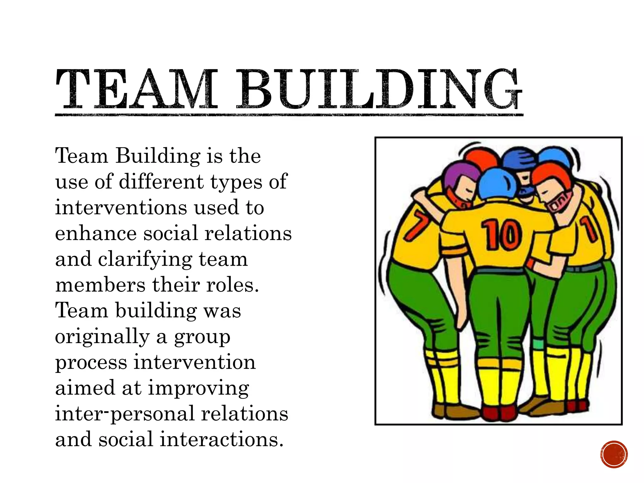Team Building is the
use of different types of
interventions used to
enhance social relations
and clarifying team
members their roles.
Team building was
originally a group
process intervention
aimed at improving
inter-personal relations
and social interactions.
 