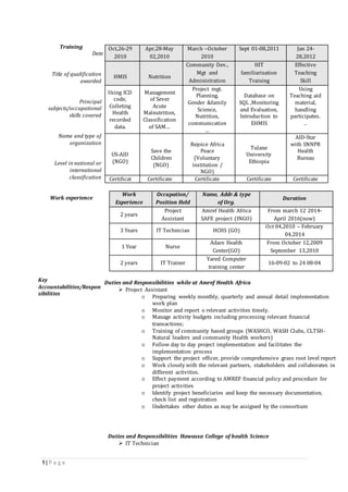 1 | P a g e
Training
Date
Title of qualification
awarded
Principal
subjects/occupational
skills covered
Name and type of
organization
Level in national or
international
classification
Work experience
Key
Accountabilities/Respon
sibilities
Oct,26-29
2010
Apr,28-May
02,2010
March –October
2010
Sept 01-08,2011 Jan 24-
28,2012
HMIS Nutrition
Community Dev.,
Mgt and
Administration
HIT
familiarization
Training
Effective
Teaching
Skill
Using ICD
code,
Colleting
Health
recorded
data.
Management
of Sever
Acute
Malnutrition,
Classification
of SAM…
Project mgt.
Planning,
Gender &family
Science,
Nutrition,
communication
…
Database on
SQL ,Monitoring
and Evaluation,
Introduction to
EHMIS
Using
Teaching aid
material,
handling
participates.
..
US-AID
(NGO)
Save the
Children
(NGO)
Rejoice Africa
Peace
(Voluntary
institution /
NGO)
Tulane
University
Ethiopia
AID-Star
with SNNPR
Health
Bureau
Certificat Certificate Certificate Certificate Certificate
Work
Experience
Occupation/
Position Held
Name, Addr.& type
of Org.
Duration
2 years
Project
Assistant
Amref Health Africa
SAFE project (INGO)
From march 12 2014-
April 2016(now)
3 Years IT Technician HCHS (GO)
Oct 04,2010 – February
04,2014
1 Year Nurse
Adare Health
Center(GO)
From October 12,2009
September 13,2010
2 years IT Trainer
Yared Computer
training center
16-09-02 to 24 08-04
Duties and Responsibilities while at Amref Health Africa
 Project Assistant
o Preparing weekly monthly, quarterly and annual detail implementation
work plan
o Monitor and report o relevant activities timely.
o Manage activity budgets including processing relevant financial
transactions;
o Training of community based groups (WASHCO, WASH Clubs, CLTSH-
Natural leaders and community Health workers)
o Follow day to day project implementation and facilitates the
implementation process
o Support the project officer, provide comprehensive grass root level report
o Work closely with the relevant partners, stakeholders and collaborates in
different activities.
o Effect payment according to AMREF financial policy and procedure for
project activities
o Identify project beneficiaries and keep the necessary documentation,
check list and registration
o Undertakes other duties as may be assigned by the consortium
Duties and Responsibilities Hawassa College of health Science
 IT Technician
 