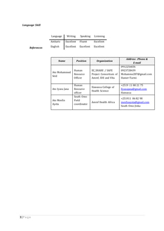 3 | P a g e
Language Skill
References
Name Position Organization
Address :Phone &
E-mail
Ato Mohammed
Seid
Human
Resource
Officer
EC_SHARE / SAFE
Project Consortium of
Amref, IDE and VIta
0912256836
0923728439
Mohamme287@gmail.com
Hamer-Turmi
Ato Iyasu Jana
Human
Resource
officer
Hawassa College of
Health Science
+2519 11 80 21 75
Eyasujana@gmail.com
Hawassa
Ato Mesfin
Ayeta
South Omo
Field
coordinator
Amref Health Africa
+251911 06 82 98
mesfinayeta@gmail.com
South Omo Jinka
Language Writing Speaking Listening
Amharic Excellent Fluent Excellent
English Excellent Excellent Excellent
 