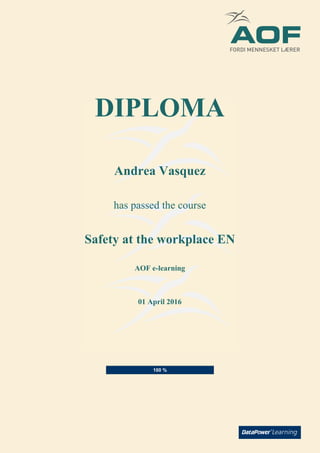 100 %
DIPLOMA
Andrea Vasquez
has passed the course
Safety at the workplace EN
AOF e-learning
01 April 2016
 
