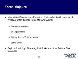 23
♦ International Transactions Raise the Likelihood of the Occurrence of
What are Often Termed Force Majeure Events:
– Government actions
– Changes in laws
– Military Actions/Political Unrest
– Labor Unrest
♦ Explore Possibility of Insuring Such Risks – such as Political Risk
Insurance
Force Majeure
 