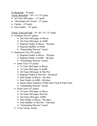 JV Basketball – 9th grade
Varsity Basketball – 10th, 11th, 12th grade
 3rd Team All-League – 11th grade
 “MostImproved” Award – 11th grade
 Captain – 12th grade
 State Finalist – 12th grade
Varsity Track and Field – 9th, 10th, 11th, 12th grade
 Freshman Year (9th grade):
 2nd Team All-League in Discus
 3rd Team All-League in 4x400
 Regional Finalist in Discus – 9th place
 Regional Qualifier in 4x400
 “Outstanding Thrower” Award
 SophomoreYear (10th grade):
 Regional Finalist in Discus – 5th place
 Regional Finalist in 4x400 – 5th place
 “Outstanding Thrower” Award
 Junior Year (11th grade):
 1st Team All-League in Discus
 1st Team All-League in 4x400
 3rd Team All-League in Shot Put
 Regional Finalist in Shot Put – 5th place0
 State Finalist in Discus – 4th place
 State Finalist in 4x400 – 6th place
 Impact Player Selection to Ohio State Track & Field Team
 “Outstanding Thrower” Award
 Senior Year (12th grade)
 1st Team All-League in Discus
 3rd Team All-League Shot Put
 2nd Team All-League 4x800
 State Finalist in Discus – 8th place
 State Qualifier in Shot Put – 14th place
 “Outstanding Thrower” Award
 4 Year Varsity Award
 