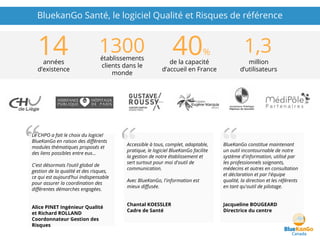 BluekanGo Santé, le logiciel Qualité et Risques de référence
14 1300 40%
années
d’existence
établissements
clients dans le
monde
de la capacité
d’accueil en France
1,3
million
d’utilisateurs
Le CHPO a fait le choix du logiciel
BlueKanGo en raison des différents
modules thématiques proposés et
des liens possibles entre eux...
C'est désormais l’outil global de
gestion de la qualité et des risques,
ce qui est aujourd’hui indispensable
pour assurer la coordination des
différentes démarches engagées.
Alice PINET Ingénieur Qualité
et Richard ROLLAND
Coordonnateur Gestion des
Risques
Accessible à tous, complet, adaptable,
pratique, le logiciel BlueKanGo facilite
la gestion de notre établissement et
sert surtout pour moi d'outil de
communication.
Avec BlueKanGo, l'information est
mieux diffusée.
Chantal KOESSLER
Cadre de Santé
BlueKanGo constitue maintenant
un outil incontournable de notre
système d'information, utilisé par
les professionnels soignants,
médecins et autres en consultation
et déclaration et par l'équipe
qualité, la direction et les référents
en tant qu'outil de pilotage.
Jacqueline BOUGEARD
Directrice du centre
 