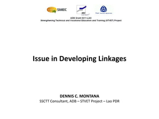 Issue in Developing Linkages



             DENNIS C. MONTANA
  SSCTT Consultant, ADB – STVET Project – Lao PDR
 