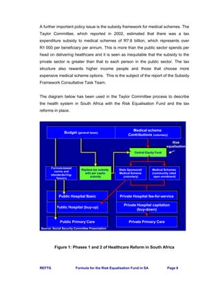 REFTG Formula for the Risk Equalisation Fund in SA Page 8
A further important policy issue is the subsidy framework for medical schemes. The
Taylor Committee, which reported in 2002, estimated that there was a tax
expenditure subsidy to medical schemes of R7.8 billion, which represents over
R1 000 per beneficiary per annum. This is more than the public sector spends per
head on delivering healthcare and it is seen as inequitable that the subsidy to the
private sector is greater than that to each person in the public sector. The tax
structure also rewards higher income people and those that choose more
expensive medical scheme options. This is the subject of the report of the Subsidy
Framework Consultative Task Team.
The diagram below has been used in the Taylor Committee process to describe
the health system in South Africa with the Risk Equalisation Fund and the tax
reforms in place.
Figure 1: Phases 1 and 2 of Healthcare Reform in South Africa
Source: Social Security Committee Presentation
Budget (general taxes)Budget (general taxes)
Medical scheme
Contributions (voluntary)
Medical scheme
Contributions (voluntary)
State Sponsored
Medical Scheme
(voluntary)
State Sponsored
Medical Scheme
(voluntary)
Medical Schemes
(community rated
open enrolment)
Medical Schemes
(community rated
open enrolment)
Central Equity FundCentral Equity Fund
Private Hospital fee-for-servicePrivate Hospital fee-for-service
Private Hospital capitation
(buy-down)
Private Hospital capitation
(buy-down)
Public Hospital BasicPublic Hospital Basic
Public Hospital (buy-up)Public Hospital (buy-up)
Private Primary CarePrivate Primary CarePublic Primary CarePublic Primary Care
Replace tax subsidy
with per capita
subsidy
Replace tax subsidy
with per capita
subsidy
Formula-based
norms and
standards/ring-
fencing
Formula-based
norms and
standards/ring-
fencing
Risk
equalisation
 
