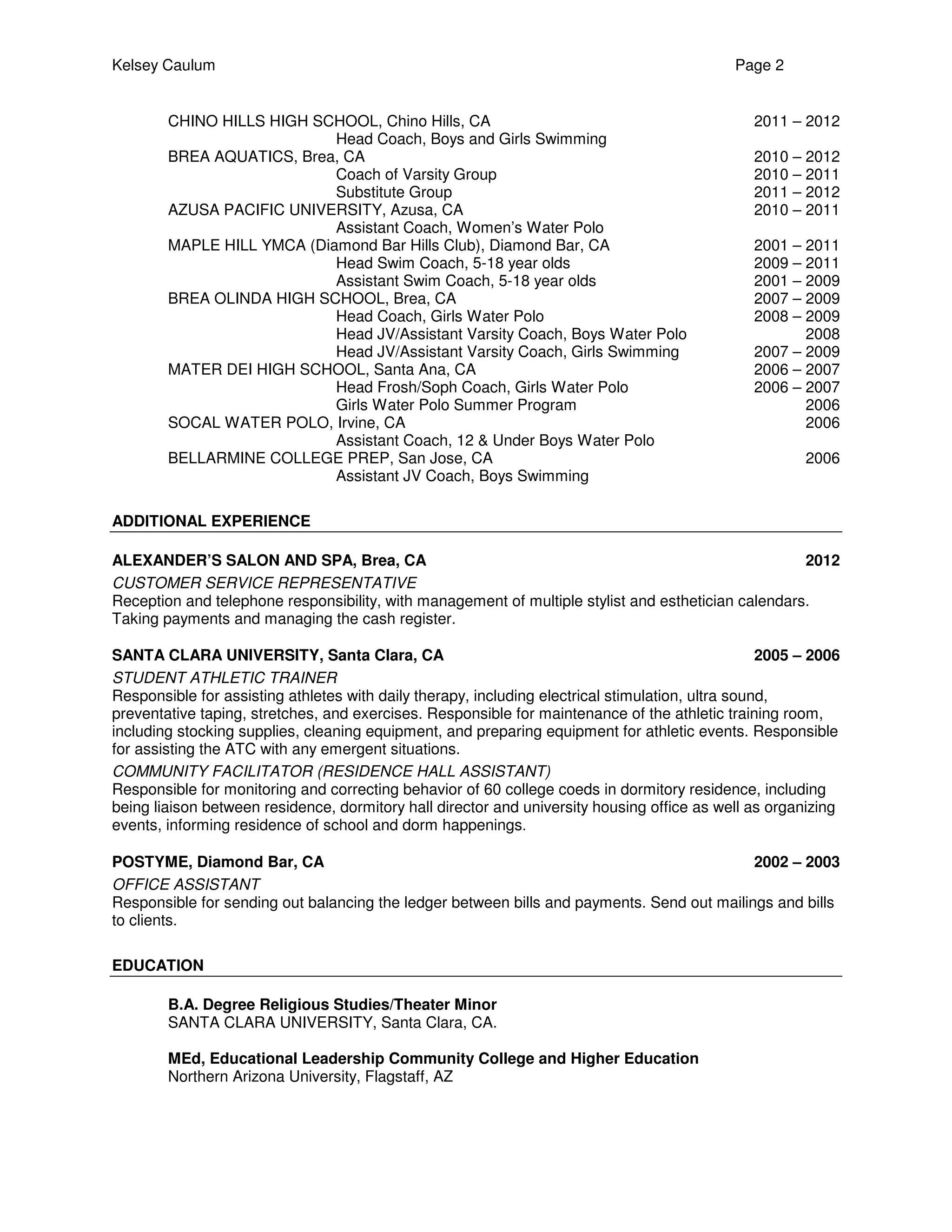 CCHE 690 Resume Aquatics Coordinator PDF