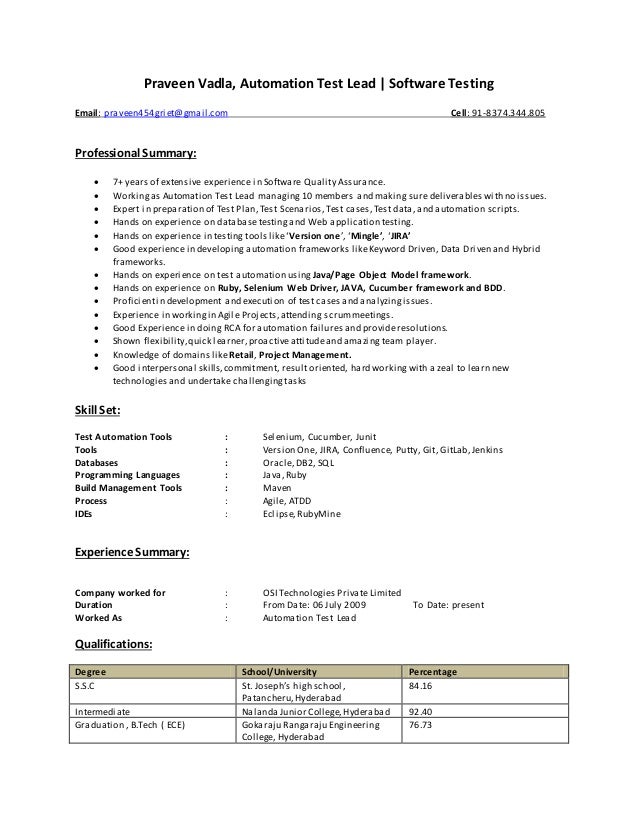software test lead resumes