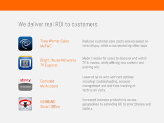 Comcast
My Account
Time Warner Cable
MyTWC
GENBAND
Smart Office
Bright House Networks
TV Explorer
Lowered op-ex with self-care options,
including troubleshooting, account
management and real-time tracking of
technician visits.
Reduced customer care costs and increased on-
time bill pay, while cross-promoting other apps.
Increased business productivity across
geographies by extending UC to smartphones and
tablets.
Made it easier for users to discover and watch
TV & movies, while offering new content and
pushing ads.
We deliver real ROI to customers.
 