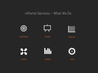 mPortal Services – What We Do
STRATEGIZE DEVELOPDESIGN
LAUNCH HOSTMANAGE
 