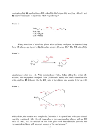 14
employing ylide 10 resulted in an E/Z ratio of 50:50 (Scheme 12), applying ylides 11 and
12 improved the ratio to 72:28 and 74:26 respectively.50
Scheme 12
Wittig reactions of stabilized ylides with α-alkoxy aldehydes in methanol may
favor (Z)-alkenes as shown by Kishi and co-workers (Scheme 13).51 The E/Z ratio of the
Scheme 13
unsaturated ester was 1:7. With nonstabilized ylides, bulky aldehydes prefer (Z)-
alkenes, and conjugated aldehydes favor (E)-alkenes. Vedejs and Marth observed that
with aldehyde 13 (Scheme 14), the E/Z ratio of the alkene was already 1:16, but with
Scheme 14
aldehyde 14, the reaction was completely Z selective.52 Maryanoff and colleagues noticed
that the reaction of ylide 10 with hexanal gave the corresponding alkene with an E/Z
ratio of 18:82, but the reaction of the same ylide with benzaldehyde provided the
corresponding alkene with an equal amount of the two isomers.50
 