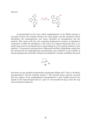 29
Scheme 27
A pseudorotation of the more stable oxaphosphetane in the Wittig reaction is
necessary because the exchange between the axial oxygen and the equatorial carbon
destabilizes the oxaphosphetane and, hence, facilitates its decomposition into the
products. This agrees with the rules regarding displacement reactions at phosphorus
compounds in which the phosphorus is the center of a trigonal bipyramid, that is, an
apical entry must be accompanied by an apical departure in the reaction pathway to the
products.105 In personal communication to Maryanoff and Reitz, Bickelhaupt stated that
the necessity for the oxaphosphetane pseudorotation may contribute to the inability of
bicyclic phosphonium ylide 35 to olefinate benzaldehyde.9c Lischka and Höller discussed
that there are two possible pseudorotation mechanisms (Figure 23),78a that is, the Berry
pseudorotation106 and the turnstile rotation.107 The research group, however, asserted
that the analysis of the oxaphosphetane pseudorotation is more complex because two
ligands in the trigonal bipyramid are a part of a four-membered ring so that the ring
strain should be considered.
 