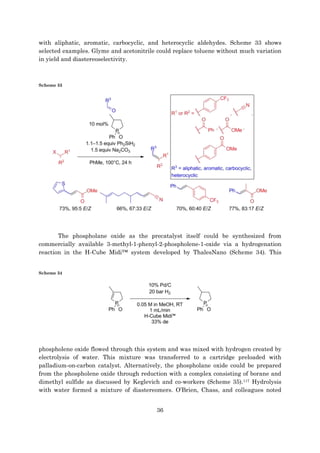 36
with aliphatic, aromatic, carbocyclic, and heterocyclic aldehydes. Scheme 33 shows
selected examples. Glyme and acetonitrile could replace toluene without much variation
in yield and diastereoselectivity.
Scheme 33
The phospholane oxide as the precatalyst itself could be synthesized from
commercially available 3-methyl-1-phenyl-2-phospholene-1-oxide via a hydrogenation
reaction in the H-Cube Midi™ system developed by ThalesNano (Scheme 34). This
Scheme 34
phospholene oxide flowed through this system and was mixed with hydrogen created by
electrolysis of water. This mixture was transferred to a cartridge preloaded with
palladium-on-carbon catalyst. Alternatively, the phospholane oxide could be prepared
from the phospholene oxide through reduction with a complex consisting of borane and
dimethyl sulfide as discussed by Keglevich and co-workers (Scheme 35).117 Hydrolysis
with water formed a mixture of diastereomers. O’Brien, Chass, and colleagues noted
 
