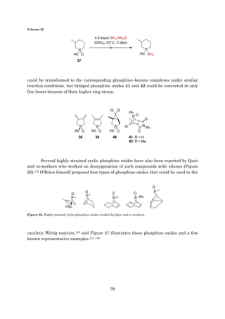 38
Scheme 36
could be transformed to the corresponding phosphine–borane complexes under similar
reaction conditions, but bridged phosphine oxides 41 and 42 could be converted in only
five hours because of their higher ring strain.
Several highly strained cyclic phosphine oxides have also been reported by Quin
and co-workers who worked on deoxygenation of such compounds with silanes (Figure
26).122 O’Brien himself proposed four types of phosphine oxides that could be used in the
Figure 26. Highly strained cyclic phosphine oxides studied by Quin and co-workers.
catalytic Wittig reaction,123 and Figure 27 illustrates these phosphine oxides and a few
known representative examples.124–129
 