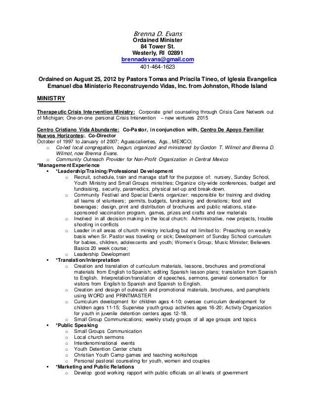 2015 ministry resume b minister resume