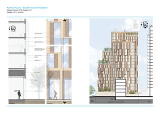 Design Director HTA Design LLP.
Stages A-D, 2 months
Karma House - Student Accommodation
E
E
Glazed panel with opaque film frit
and insulation behind glass
250mm high Anodised Aluminium
fascia
Anodised aluminium panel with
perforated ventilation, to artist’s patterned
design. (Four different colours related to
the four blocks of the building).
Structural transfer Slab
Setback glazing on ground level
E
E
Service zone
COMMON
ROOM
SECTION EE ELEVATION
Ventilation panel integrated with
glazing system
Openable ventilation panel, with
restrictor, behind perforated aluminium
panel.
Fixed glazed windows, with
concealed frames
Service zone
+33.03m
+48.60m
+89.21m
+80.81m
+61.21m
OLYMPIC
HOUSE
CARPARK
KARMA
HOUSE
C
C
DEVELOPMENT SITE - 575 NORTH END ROAD
+85.885m
5 OLYMPIC
WAY
+93.900m
KEY -
1.
2.
3.
4.
5.
6.
7.
8.
9.
10.
11.
Roof Terrace planting
Aluminium windows
Aluminium flashing
Projecting oriel windows
Anodised aluminium panels with
perforations for ventilation
Glass Balustrades
Full height glazing at ground floor
White Brick at site boundary
Recessed collonade at entrance
Powder coated steel doors
CHP Flue
1
2
3
2
5
11
2.2m HIGH
ALBION HOUSE4.3m HIGH
4
+72.41m
2
6
7
8
1
1
6
6
4
2
5
4
 