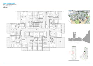 Tower Bridge Road
Head of Design First Base Ltd.
Stages 1-2 2 Months
TBA, D&B
A soft, green ecological sensitive architecture
Page 43June / 2015 151-157 Tower Bridge Road — Volume 2: Redevelopment Proposals
2.2.0 ARCHITECTURAL CONCEPT & DESIGN
2.2.5 APARTMENT PLANNING
DN
UP
2 BED (LARGE)
0401
1 BED (SMALL)
0402
1 BED (SMALL)
0403
2 BED (LARGE)
0404
STUDIO (SMALL)
0405
1 BED (SMALL)
0406
1 BED (SMALL)
0407
2 BED DUPLEX
0408
WINTER GARDENWINTER GARDEN
WINTER GARDEN
WINTER GARDEN WINTER GARDEN
BALCONY BALCONY
TERRACE
0408
LOBBY
0400
N

[ 1 : 50 @ A1]Tower Bridge Road - Redevelopment Scheme | A11-04
09.06.15
151 Tower Bridge Rd, London SE1 3JE, UK
Apartment Type Plan_Tower Level 04, 12, 20
SKY GARDENS
COURTYARD APARTMENTS
6storey
SKY GARDENS
COURTYARD APARTMENTS
 
