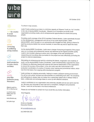 Justin Franks - Vibewire - Annie - Reference Letter