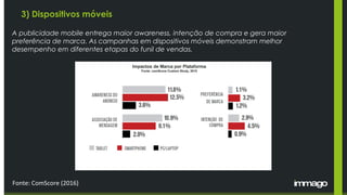 3) Dispositivos móveis
A publicidade mobile entrega maior awareness, intenção de compra e gera maior
preferência de marca. As campanhas em dispositivos móveis demonstram melhor
desempenho em diferentes etapas do funil de vendas.
Fonte: ComScore (2016)
 