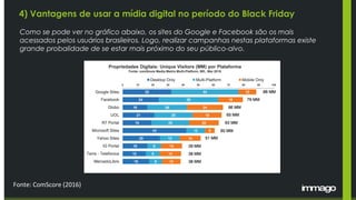 4) Vantagens de usar a mídia digital no período do Black Friday
Fonte: ComScore (2016)
Como se pode ver no gráfico abaixo, os sites do Google e Facebook são os mais
acessados pelos usuários brasileiros. Logo, realizar campanhas nestas plataformas existe
grande probalidade de se estar mais próximo do seu público-alvo.
 