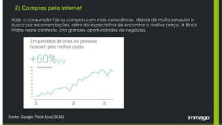 2) Compras pela internet
Fonte: Google Think (out/2016)
Hoje, o consumidor faz as compras com mais consciência, depois de muita pesquisa e
busca por recomendações, além da expectativa de encontrar o melhor preço. A Black
Friday neste contexto, cria grandes oportunidades de negócios.
 