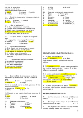 7
«Su luna de pergaminos
preciosa tocando viene»
Además de hipérbaton se observa
A) anáfora C) antítesis E) epíteto
B) metáfora D) hipérbole
11. En «Mi lira tiene un alma / mi canto, unidad», la
figura visible es
A) símil. B) epíteto. C) metáfora.
D) elipsis. E) hipérbole.
12. ¿Qué es la aliteración?
A) Es el uso repetido de una conjunción.
B) Expresar ideas aparentemente contradictorias
C) Repetir una o más palabras al final del verso
D) Repetir consonantes en forma insistente
E) Alterar el orden lógico de la oración
13. Qué figura literaria se emplea en el siguiente
texto
«Su cuerpo giraba como un pequeño monstruo»
A) metáfora B) metonimia C) símil
D) epíteto E) sinécdoque
14. Elija la idea con hipérbole.
A) En el silencio solo se escuchaba un susurro.
B) Por ti el fresco viento, el verde prado.
C) Las piedras se enternecen con mi llorar.
D) Y lloraba a mares sin consuelo.
E) Tus piernas implacables al parto van a
desechar.
15. La espinela es la estrofa que contiene
A) ocho versos endecasílabos.
B) cinco versos heterogéneos.
C) diez versos heptasílabos.
D) cuatro versos octosílabos.
E) diez versos octosílabos.
16. Serie indefinida de versos donde se alternan
heptasílabos y endecasílabos con rima a criterio del
autor.
A) lira B) silva C) romance
D) estancia E) soneto
17. Es el resultado de la repetición periódica de los
acentos de intensidad:
a) Resonancia c) Ritmo e) Eco
b) Métrica d) Rima
18. El soneto es una especie literaria que pertenece al
género:
a) Lírico c) Narrativo e) Teatral
b) Épico d) Dramático
19. Relacione correctamente:
I. Tragedia. a. El Avaro.
II. Comedia b. Otelo.
III. Drama c. Fuenteovejuna.
a) Ib,IIc,IIIa d) Ib,IIa,IIIc
b) Ic,IIb,IIIa e) Ia,IIc,IIIb
c) Ic,IIa,IIIb
20. Relacione correctamente género-especie:
I. Épico a. Poema épico.
II. Lírico b. Ensayo.
III. Dramático c. Égloga.
IV. Narrativo d. Cuento.
V. Expositivo e. Comedia.
a) Ia,IIe,IIIc,IVb,Vd d) Ic,IIa,IIId,IVe,Vb
b) Ic,IIa,IIIe,IVd,Vd e) Ib,IId,IIIc,IVc,Va
c) Ia,IIc,IIIe,IVd,Vb
COMPLETAR LOS SIGUIENTES ENUNCIADOS:
1. Las obras que pertenecen al
género.......dramático............ se escriben
especialmente para ser representadas ante el
público.
2. El........drama................. es una especie dramática
que combina aspectos serios y cómicos de la vida,
tal como sucede en la realidad.
3. El soneto consta de dos.....cuartetos................. y
dos ........tercetos..................., generalmente de
versos ....endecasílabos.............., aunque algunas
veces puede ser de versos no endecasílabos o
.........de arte menor...............
4. Las obras que pertenecen al género ...dramático ..
se escriben especialmente para ser representadas
ante el público.
ESCRIBIR VERDADERO O FALSO
1. La lírica en prosa es llamada también prosa
poética. ( V )
2. No siempre la lírica resulta de la manifestación
del mundo interior del poeta. ( V )
3. En el género lírico se hace uso de limitados
recursos literarios, pues la rima lo limita. ( F )
 