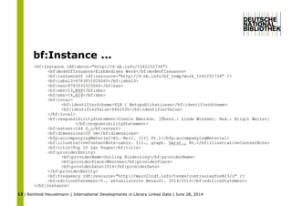 | Reinhold Heuvelmann | International Developments in Library Linked Data | June 28, 201412
bf:Instance ...
 
