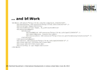 | Reinhold Heuvelmann | International Developments in Library Linked Data | June 28, 201413
... and bf:Work
 