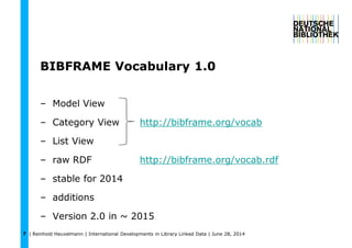 | Reinhold Heuvelmann | International Developments in Library Linked Data | June 28, 20147
BIBFRAME Vocabulary 1.0
– Model View
– Category View http://bibframe.org/vocab
– List View
– raw RDF http://bibframe.org/vocab.rdf
– stable for 2014
– additions
– Version 2.0 in ~ 2015
 