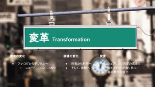 変革 Transformation
所有の変化
● アナログからデジタルへ
○ レコード → CD → MP3
価値の変化
● 所有から利用へ
● そして、体験へ
背景
● シェアリング需要の高まり
● コネクテッドが当り前に
● 富の概念の変化
 