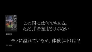 この国には何でもある。 
ただ、『希望』だけがない 
モノに溢れているが、体験（コト）は？ 
2000年
2019年
 