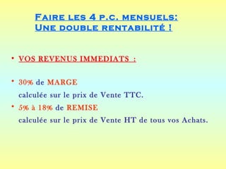 Faire les 4 p.c. mensuels:
     Une double rentabilité !


• VOS REVENUS IMMEDIATS :


• 30% de MARGE
 calculée sur le prix de Vente TTC.
• 5% à 18% de REMISE
 calculée sur le prix de Vente HT de tous vos Achats.
 