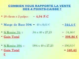 COMBIEN VOUS RAPPORTE LA VENTE
             DES 4 POINTS-CAISSE ?

• 20 clients x 2 pulpes   = 4,04 P.C

• Marge de Base 30% = 40 x 8,61 €            = 344,4 €

• Si Remise 5% :          5% x 40 x 27,23    + 54,46 €
• Gain Total                                 = 398,86 €

• Si Remise 18% :         18% x 40 x 27,23   + 196,05 €
• Gain Total                                   = 540,45
  €
 