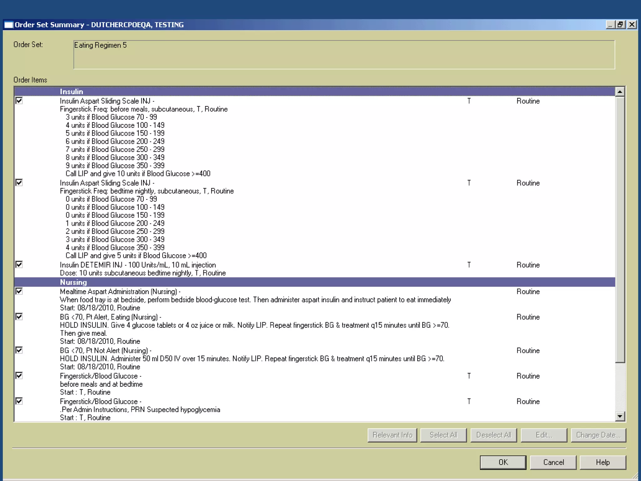 Inpatient insulin orderset