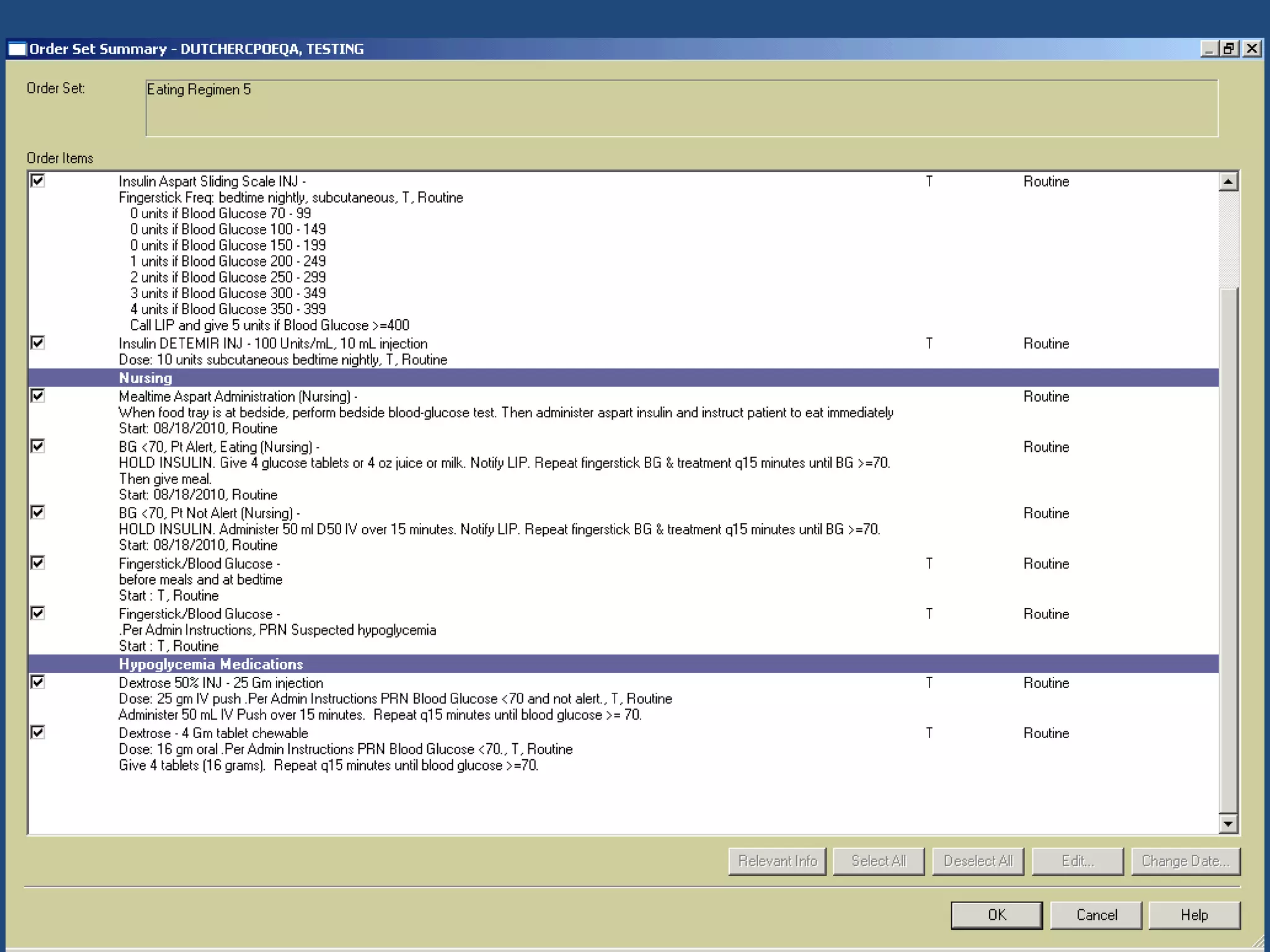 Inpatient insulin orderset