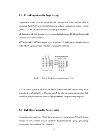 3.3 PLA (Programmable Logic Array)
Programlanır mantık dizisi teknolojisi PROM kısıtlamalarını a¸sarak takriben 1975’ te
geli¸stirildi. Basit PLD’ ler içerisinde kullanıcıya en fazla yapılandırma imkanı verendir.
Çünkü VE ve VEYA dizilerinin her ikisi de programlanabilir.
VE dizisindeki VE fonksiyon sayısı, giri¸s sayısından ba˘gımsızdır. Ek VE kapıları dizideki
satırlara kolayca dahil edilebilir.
VEYA dizisindeki VEYA fonksiyon sayısı da giri¸s ve VE fonksiyon sayılarından ba˘gım-
sızdır. VEYA kapıları dizideki sütunlara kolayca dahil edilebilir.
¸Sekil 11: 3-giri¸s, 3-çıkı¸slı programlanmamı¸s PLA
PLA’ lar özellikle mantık e¸sitlikleri çok sayıda ortak terim içeren çıkı¸slara sahip büyük
tasarımlarda tercih edilebiliyor. Önceden tanımlı kar¸sıtlarına nazaran programlanır ba˘g-
lantılardan geçi¸sler daha uzun sürer. Dolayısıyla PROM’ lara göre daha yava¸stırlar.
3.4 PAL (Programmable Array Logic)
Programlanır dizi mantıkları PROM’ ların tam tersi bir yapıya sahiptir. VE dizileri prog-
ramlanır ve VEYA dizileri önceden tanımlıdır. A¸sa˘gıdaki ¸sekilde 3 giri¸s 3 çıkı¸slı prog-
ramlanmamı¸s durumda basit PAL verilmi¸stir.
11
 