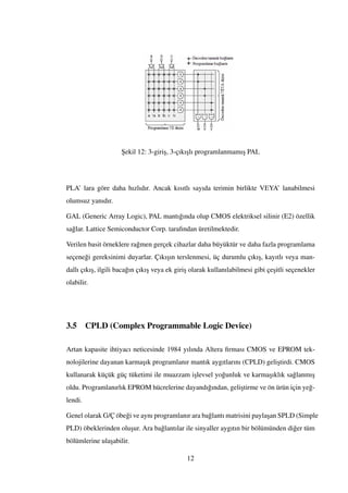 ¸Sekil 12: 3-giri¸s, 3-çıkı¸slı programlanmamı¸s PAL
PLA’ lara göre daha hızlıdır. Ancak kısıtlı sayıda terimin birlikte VEYA’ lanabilmesi
olumsuz yanıdır.
GAL (Generic Array Logic), PAL mantı˘gında olup CMOS elektriksel silinir (E2) özellik
sa˘glar. Lattice Semiconductor Corp. tarafından üretilmektedir.
Verilen basit örneklere ra˘gmen gerçek cihazlar daha büyüktür ve daha fazla programlama
seçene˘gi gereksinimi duyarlar. Çıkı¸sın terslenmesi, üç durumlu çıkı¸s, kayıtlı veya man-
dallı çıkı¸s, ilgili baca˘gın çıkı¸s veya ek giri¸s olarak kullanılabilmesi gibi çe¸sitli seçenekler
olabilir.
3.5 CPLD (Complex Programmable Logic Device)
Artan kapasite ihtiyacı neticesinde 1984 yılında Altera ﬁrması CMOS ve EPROM tek-
nolojilerine dayanan karma¸sık programlanır mantık aygıtlarını (CPLD) geli¸stirdi. CMOS
kullanarak küçük güç tüketimi ile muazzam i¸slevsel yo˘gunluk ve karma¸sıklık sa˘glanmı¸s
oldu. Programlanırlık EPROM hücrelerine dayandı˘gından, geli¸stirme ve ön ürün için ye˘g-
lendi.
Genel olarak G/Ç öbe˘gi ve aynı programlanır ara ba˘glantı matrisini payla¸san SPLD (Simple
PLD) öbeklerinden olu¸sur. Ara ba˘glantılar ile sinyaller aygıtın bir bölümünden di˘ger tüm
bölümlerine ula¸sabilir.
12
 