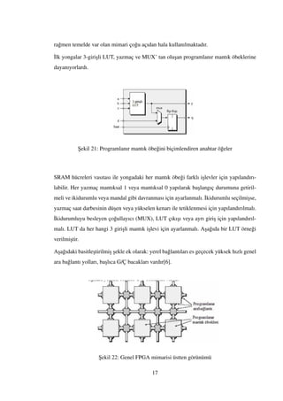 ra˘gmen temelde var olan mimari ço˘gu açıdan hala kullanılmaktadır.
˙Ilk yongalar 3-giri¸sli LUT, yazmaç ve MUX’ tan olu¸san programlanır mantık öbeklerine
dayanıyorlardı.
¸Sekil 21: Programlanır mantık öbe˘gini biçimlendiren anahtar ö˘geler
SRAM hücreleri vasıtası ile yongadaki her mantık öbe˘gi farklı i¸slevler için yapılandırı-
labilir. Her yazmaç mantıksal 1 veya mantıksal 0 yapılarak ba¸slangıç durumuna getiril-
meli ve ikidurumlu veya mandal gibi davranması için ayarlanmalı. ˙Ikidurumlu seçilmi¸sse,
yazmaç saat darbesinin dü¸sen veya yükselen kenarı ile tetiklenmesi için yapılandırılmalı.
˙Ikidurumluyu besleyen ço˘gullayıcı (MUX), LUT çıkı¸sı veya ayrı giri¸s için yapılandırıl-
malı. LUT da her hangi 3 giri¸sli mantık i¸slevi için ayarlanmalı. A¸sa˘gıda bir LUT örne˘gi
verilmi¸stir.
A¸sa˘gıdaki basitle¸stirilmi¸s ¸sekle ek olarak: yerel ba˘glantıları es geçecek yüksek hızlı genel
ara ba˘glantı yolları, ba¸slıca G/Ç bacakları vardır[6].
¸Sekil 22: Genel FPGA mimarisi üstten görünümü
17
 