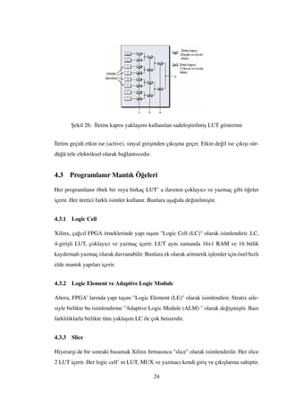 ¸Sekil 26: ˙Iletim kapısı yakla¸sımı kullanılan sadele¸stirilmi¸s LUT gösterimi
˙Iletim geçidi etkin ise (active), sinyal giri¸sinden çıkı¸sına geçer. Etkin de˘gil ise çıkı¸sı sür-
dü˘gü tele elektriksel olarak ba˘glantısızdır.
4.3 Programlanır Mantık Ö˘geleri
Her programlanır öbek bir veya birkaç LUT’ a ilaveten çoklayıcı ve yazmaç gibi ö˘geler
içerir. Her üretici farklı isimler kullanır. Bunlara a¸sa˘gıda de˘ginilmi¸stir.
4.3.1 Logic Cell
Xilinx, ça˘gcıl FPGA örneklerinde yapı ta¸sını "Logic Cell (LC)" olarak isimlendirir. LC,
4-giri¸sli LUT, çoklayıcı ve yazmaç içerir. LUT aynı zamanda 16x1 RAM ve 16 bitlik
kaydırmalı yazmaç olarak davranabilir. Bunlara ek olarak aritmetik i¸slemler için özel hızlı
elde mantık yapıları içerir.
4.3.2 Logic Element ve Adaptive Logic Module
Altera, FPGA’ larında yapı ta¸sını "Logic Element (LE)" olarak isimlendirir. Stratix aile-
siyle birlikte bu isimlendirme "Adaptive Logic Module (ALM) " olarak de˘gi¸smi¸stir. Bazı
farklılıklarla birlikte tüm yakla¸sım LC ile çok benzerdir.
4.3.3 Slice
Hiyerar¸si de bir sonraki basamak Xilinx ﬁrmasınca "slice" olarak isimlendirilir. Her slice
2 LUT içerir. Her logic cell’ in LUT, MUX ve yazmacı kendi giri¸s ve çıkı¸slarına sahiptir.
24
 