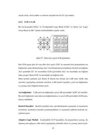 Ancak clock, clock enable ve set/reset sinyalleri her iki LC için ortaktır.
4.3.4 CLB ve LAB
Bir üst basamakta Xilinx’ in "Conﬁgurable Logic Block (CLB)" ve Altera’ nın "Logic
Array Block (LAB)" olarak isimlendirdikleri yapılar vardır.
¸Sekil 27: Dört slice içeren CLB görünümü
Her CLB aygıta göre iki veya dört slice içerir. CLB’ ler arasında hızlı programlanır ara
ba˘glantılar vardır. Bunlar kom¸su slice’ ları birle¸stirmek için kullanılır. En hızlı ara ba˘glantı
slice içerindeki LC’ ler arasındadır. CLB içerisindeki slice’ lar arasındaki ara ba˘glantı
daha yava¸stır. Bunu CLB’ ler arasındaki ara ba˘glantı izler.
Daha ayrıntılı açıklama için Stratix II ailesini baz alırsak; her LAB sekiz ALM, elde
zincirleri, payla¸sılmı¸s aritmetik zincirleri, LAB kontrol sinyalleri, yerel ara ba˘glantıları
ve yazmaç zincir ba˘glantı hatları içerir.
Ara ba˘glantılar LAB yerel ara ba˘glantıları aynı LAB içerisindeki ALM’ leri sürebilir.
Bu yerel ba˘glantılar satır-sütun ara ba˘glantılarınca ve aynı LAB içerisindeki ALM çıkı¸s-
larınca sürülebilir.
Kontrol Sinyalleri Kontrol sinyalleri saat, saat etkinle¸stirme, e¸szamanlı ve e¸szamansız
temizleme, e¸szamansız önceden ayarlama/yükleme ve e¸szamanlı yükleme kontrolü sin-
yallerini içerir.
Adaptive Logic Module Uyarlanabilir LUT kaynakları, iki programlanır yazmaç, iki
adanmı¸s tam toplayıcı, elde zinciri, payla¸sılmı¸s aritmetik zinciri ve yazmaç zinciri içerir.
25
 
