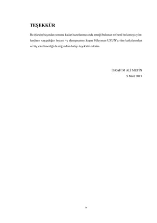 TE¸SEKKÜR
Bu ödevin ba¸sından sonuna kadar hazırlanmasında eme˘gi bulunan ve beni bu konuya yön-
lendiren saygıde˘ger hocam ve danı¸smanım Sayın Süleyman UZUN’a tüm katkılarından
ve hiç eksiltmedi˘gi deste˘ginden dolayı te¸sekkür ederim.
˙IBRAH˙IM AL˙I MET˙IN
9 Mart 2015
iv
 