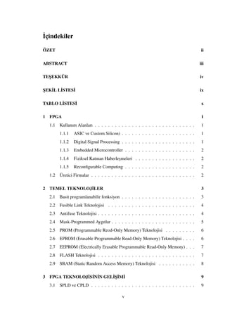 ˙Içindekiler
ÖZET ii
ABSTRACT iii
TE¸SEKKÜR iv
¸SEK˙IL L˙ISTES˙I ix
TABLO L˙ISTES˙I x
1 FPGA 1
1.1 Kullanım Alanları . . . . . . . . . . . . . . . . . . . . . . . . . . . . . . 1
1.1.1 ASIC ve Custom Silicon) . . . . . . . . . . . . . . . . . . . . . . 1
1.1.2 Digital Signal Processing . . . . . . . . . . . . . . . . . . . . . . 1
1.1.3 Embedded Microcontroller . . . . . . . . . . . . . . . . . . . . . 2
1.1.4 Fiziksel Katman Haberle¸smeleri . . . . . . . . . . . . . . . . . . 2
1.1.5 Reconﬁgurable Computing . . . . . . . . . . . . . . . . . . . . . 2
1.2 Üretici Firmalar . . . . . . . . . . . . . . . . . . . . . . . . . . . . . . . 2
2 TEMEL TEKNOLOJ˙ILER 3
2.1 Basit programlanabilir fonksiyon . . . . . . . . . . . . . . . . . . . . . . 3
2.2 Fusible Link Teknolojisi . . . . . . . . . . . . . . . . . . . . . . . . . . 4
2.3 Antifuse Teknolojisi . . . . . . . . . . . . . . . . . . . . . . . . . . . . . 4
2.4 Mask-Programmed Aygıtlar . . . . . . . . . . . . . . . . . . . . . . . . . 5
2.5 PROM (Programmable Reod-Only Memory) Teknolojisi . . . . . . . . . 6
2.6 EPROM (Erasable Programmable Read-Only Memory) Teknolojisi . . . . 6
2.7 EEPROM (Electrically Erasable Programmable Read-Only Memory) . . . 7
2.8 FLASH Teknolojisi . . . . . . . . . . . . . . . . . . . . . . . . . . . . . 7
2.9 SRAM (Static Random Access Memory) Teknolojisi . . . . . . . . . . . 8
3 FPGA TEKNOLOJ˙IS˙IN˙IN GEL˙I¸S˙IM˙I 9
3.1 SPLD ve CPLD . . . . . . . . . . . . . . . . . . . . . . . . . . . . . . . 9
v
 