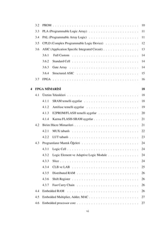 3.2 PROM . . . . . . . . . . . . . . . . . . . . . . . . . . . . . . . . . . . . 10
3.3 PLA (Programmable Logic Array) . . . . . . . . . . . . . . . . . . . . . 11
3.4 PAL (Programmable Array Logic) . . . . . . . . . . . . . . . . . . . . . 11
3.5 CPLD (Complex Programmable Logic Device) . . . . . . . . . . . . . . 12
3.6 ASIC (Application Speciﬁc Integrated Circuit) . . . . . . . . . . . . . . . 13
3.6.1 Full Custom . . . . . . . . . . . . . . . . . . . . . . . . . . . . 14
3.6.2 Standard Cell . . . . . . . . . . . . . . . . . . . . . . . . . . . . 14
3.6.3 Gate Array . . . . . . . . . . . . . . . . . . . . . . . . . . . . . 14
3.6.4 Structured ASIC . . . . . . . . . . . . . . . . . . . . . . . . . . 15
3.7 FPGA . . . . . . . . . . . . . . . . . . . . . . . . . . . . . . . . . . . . 16
4 FPGA M˙IMAR˙IS˙I 18
4.1 Üretim Teknikleri . . . . . . . . . . . . . . . . . . . . . . . . . . . . . . 18
4.1.1 SRAM temelli aygıtlar . . . . . . . . . . . . . . . . . . . . . . . 18
4.1.2 Antifuse temelli aygıtlar . . . . . . . . . . . . . . . . . . . . . . 19
4.1.3 E2PROM/FLASH temelli aygıtlar . . . . . . . . . . . . . . . . . 20
4.1.4 Karma FLASH-SRAM aygıtlar . . . . . . . . . . . . . . . . . . . 21
4.2 Birim Hücre Mimarileri . . . . . . . . . . . . . . . . . . . . . . . . . . . 21
4.2.1 MUX tabanlı . . . . . . . . . . . . . . . . . . . . . . . . . . . . 22
4.2.2 LUT tabanlı . . . . . . . . . . . . . . . . . . . . . . . . . . . . . 23
4.3 Programlanır Mantık Ö˘geleri . . . . . . . . . . . . . . . . . . . . . . . . 24
4.3.1 Logic Cell . . . . . . . . . . . . . . . . . . . . . . . . . . . . . . 24
4.3.2 Logic Element ve Adaptive Logic Module . . . . . . . . . . . . . 24
4.3.3 Slice . . . . . . . . . . . . . . . . . . . . . . . . . . . . . . . . . 24
4.3.4 CLB ve LAB . . . . . . . . . . . . . . . . . . . . . . . . . . . . 25
4.3.5 Distributed RAM . . . . . . . . . . . . . . . . . . . . . . . . . . 26
4.3.6 Shift Register . . . . . . . . . . . . . . . . . . . . . . . . . . . . 26
4.3.7 Fast Carry Chain . . . . . . . . . . . . . . . . . . . . . . . . . . 26
4.4 Embedded RAM . . . . . . . . . . . . . . . . . . . . . . . . . . . . . . 26
4.5 Embedded Multiplier, Adder, MAC . . . . . . . . . . . . . . . . . . . . . 27
4.6 Embedded processor core . . . . . . . . . . . . . . . . . . . . . . . . . . 27
vi
 
